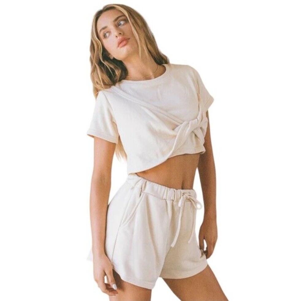 Sabo Skirt Riz Twist Top Short Sleeve Crop Cream Terry NWT Womens Large US 8